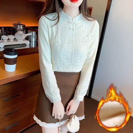 中式旗袍立领蕾丝打底衫女2023冬季新款加绒加厚内搭保暖洋气上衣商品大图
