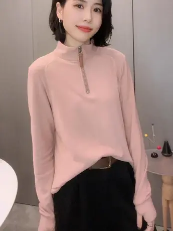 双面德绒拼接立领套头T恤卫衣女2023秋冬新款宽松显瘦简约打底衫商品大图