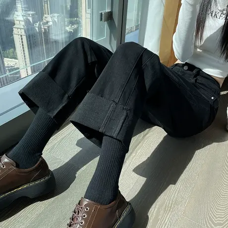 黑色阔腿牛仔裤女加薄绒秋冬季高腰宽松显瘦拼接小个子翻边直筒裤商品大图