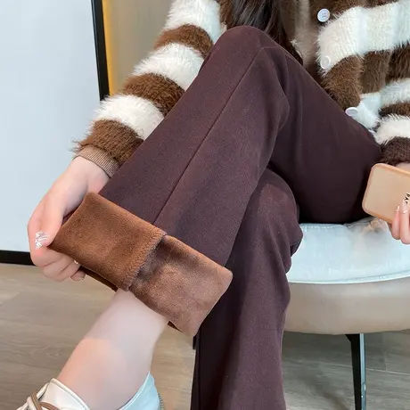 咖啡色微喇牛仔裤女2023新款秋冬高腰显瘦垂感修身加绒喇叭马蹄裤商品大图