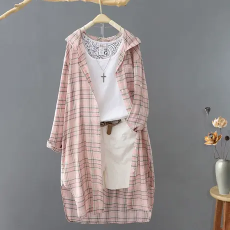 格子防晒衫女中长款宽松连帽衬衫防晒外套2024夏季新款薄款防晒衣商品大图