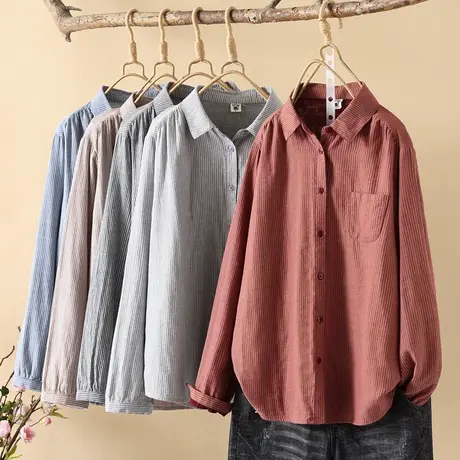 2023秋装百搭文艺纯棉柔软女士衬衣条纹双层棉纱长袖衬衫女宽松商品大图