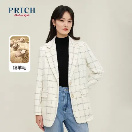 PRICH西装新品秋冬新款含绵羊毛翻领格纹时尚外套女商品大图