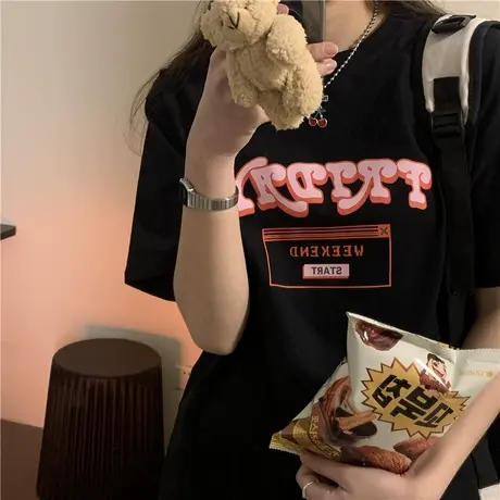 ulzzang原宿风港味卡通复古宽松纯棉黑色短袖T恤女学生上衣ins潮图片
