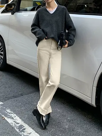 清仓捡漏春秋高腰直筒牛仔裤女2023宽松显瘦百搭休闲长裤米白色图片