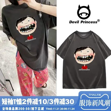 古着感ins风宽松深灰色短袖t恤女2024春夏新款ulzzang纯棉上衣潮商品大图