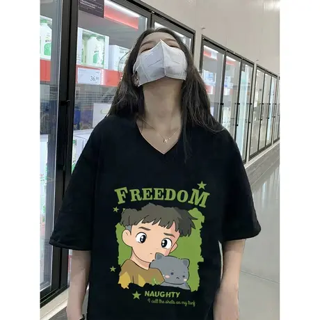 胖mm炸街上衣遮肚黑色v领t恤夏大码女装半袖宽松显瘦短袖ins上衣商品大图