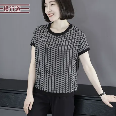 2025夏季新款简约复古圆领印花格子宽松雪纺短袖女装上衣外穿大码图片