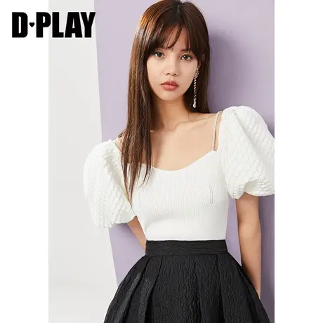 DPLAY夏新在逃公主风时尚白泡泡袖短款钻链肩带针织小衫商品大图