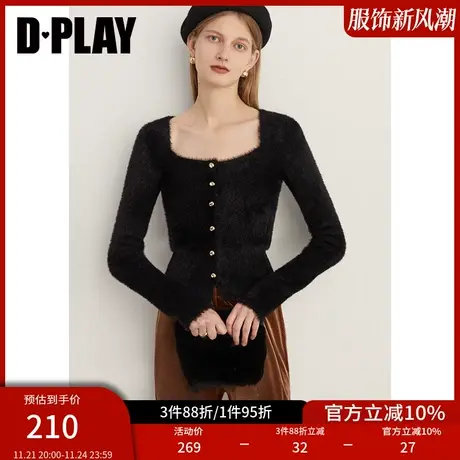 DPLAY冬复古黑色短款修身方领定制金属扣仿貂毛套头毛衣商品大图