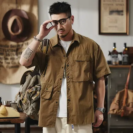 Modi Nick/摩帝尼克男士夏季衬衫宽松日系休闲纯色潮牌外套男上衣图片