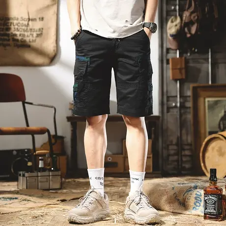 时尚迷彩拼接工装休闲短裤男夏季薄款潮牌宽松直筒多袋五分中裤男商品大图