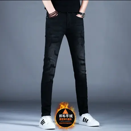 黑色牛仔裤秋冬款男士加绒加厚裤子潮牌美式高街2023新款保暖长裤图片