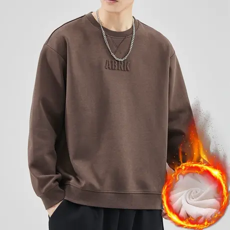 秋冬款美式潮牌加绒加厚保暖圆领卫衣冬季男生无帽重磅长袖上衣服商品大图