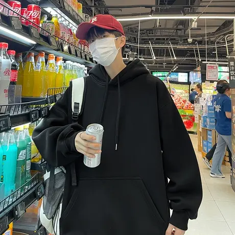 卫衣男连帽春秋季外套ins潮流新款纯色帽衫加绒加厚大码宽松上衣商品大图