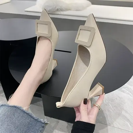 粗跟单鞋子女2024年新款春季百搭方跟女鞋浅口皮鞋白色尖头高跟鞋图片