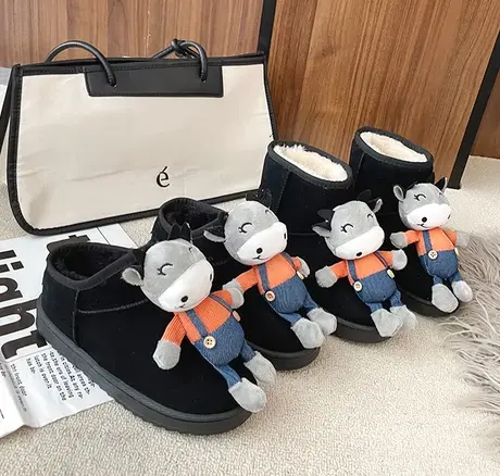 网红雪地靴女2023冬季新款立体牛牛加绒加后短筒低帮保暖面包棉鞋商品大图