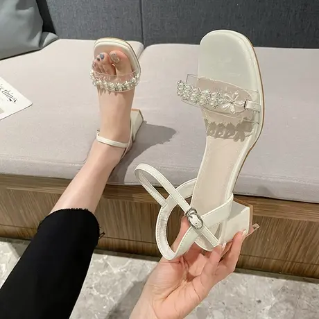 凉鞋女2024年百搭新款一字带露趾时装鞋法式水钻高跟鞋粗跟图片