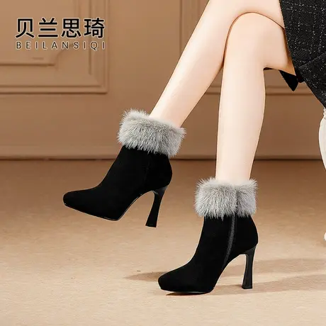 磨砂真皮尖头厚底细跟短靴女2023秋冬季貂毛拼色防水台高跟短靴子图片