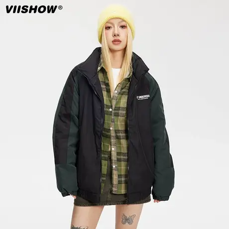 VIISHOW美式复古外套男生冬季新款潮流撞色拼接加厚保暖男女棉服商品大图