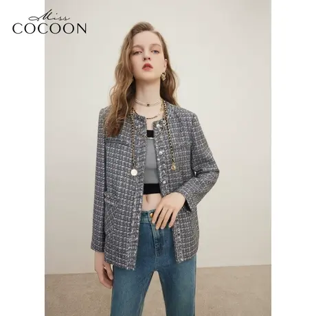 missCOCOON老钱风小香风2023冬装新款女垫肩设计金属扣短外套商品大图