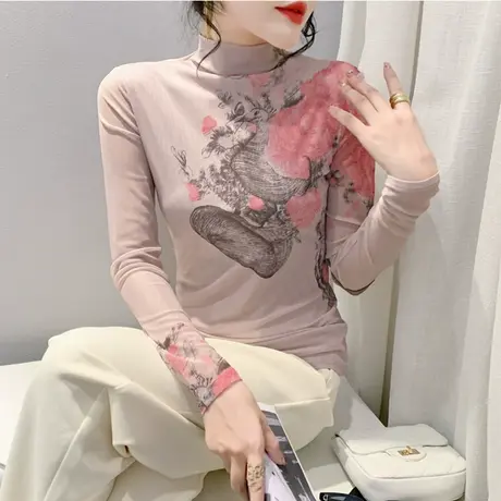 设计感印花半高领长袖性感网纱时尚洋气内塔上衣女修身T恤打底衫图片