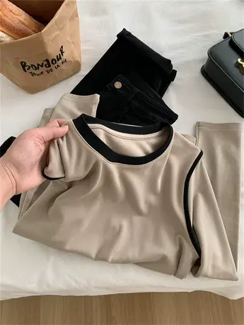 设计感拼色圆领长袖T恤打底衫女冬加厚磨毛内搭显瘦百搭保暖上衣商品大图