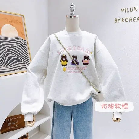 奶fufu软糯可爱小熊加绒卫衣~秋冬ins学院风减龄羊羔绒圆领上衣红商品大图