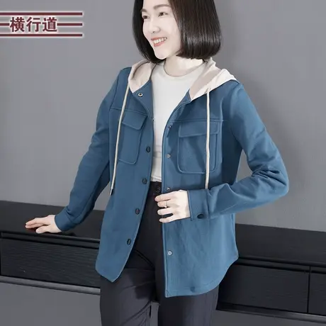 2024春季新款潮流抽绳连帽撞色宽松长袖外套休闲纽扣开衫女上衣服商品大图