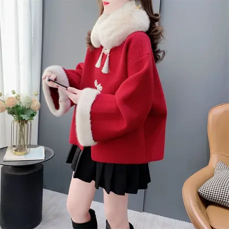 新中式国风龙年红色仿水貂毛呢外套女秋冬宽松小个子百搭开衫上衣商品大图