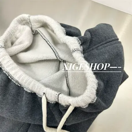 撞色拼接加绒休闲阔腿裤女秋冬加厚垂感显瘦百搭深灰色直筒拖地裤商品大图