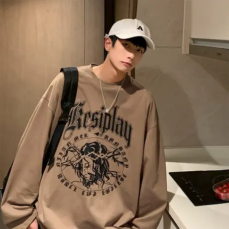 港风纯棉秋季长袖t恤男潮流宽松休闲美式字母印花圆领内搭打底衫商品大图