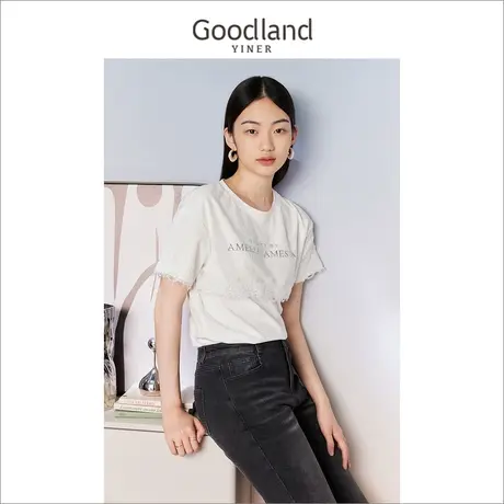 Goodland美地女装2023夏季字母印花圆领T恤短袖奢感蕾丝上衣图片
