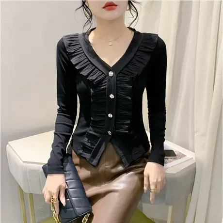 春装2024新款T恤女拼接镂空V领荷叶边长袖欧货气质上衣修身打底衫商品大图