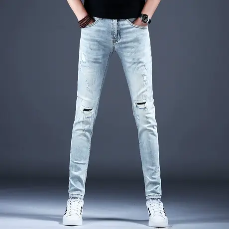2024春秋季新款男士破洞牛仔裤男款弹力百搭小脚修身裤子男士长裤商品大图
