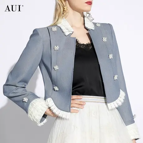 AUI蓝色名媛气质小香风短外套女2024春新款设计感小众喇叭袖西服图片