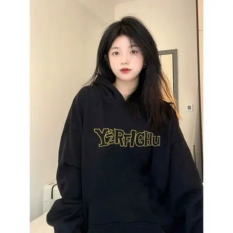 oversize美式复古连帽卫衣女春秋薄款设计感宽松韩版百搭上衣外套商品大图