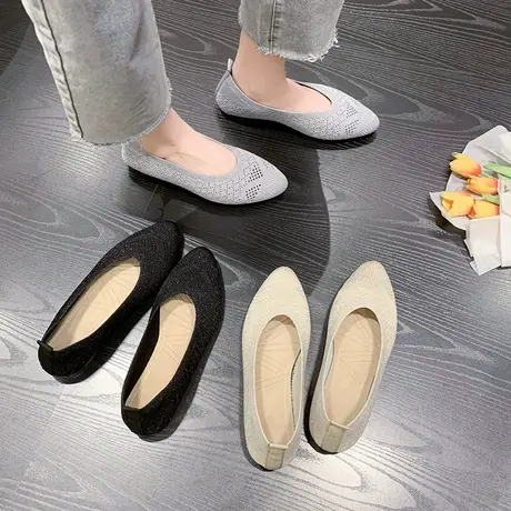 尖头单鞋女2024春季新款王妃同款透气浅口软底编织妈妈鞋平底鞋子商品大图