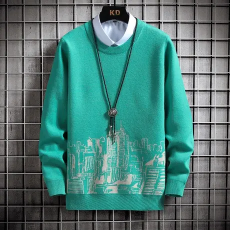 港士博毛衣男2021秋季新款男装提花圆领上衣男士长袖针织衫潮个性商品大图