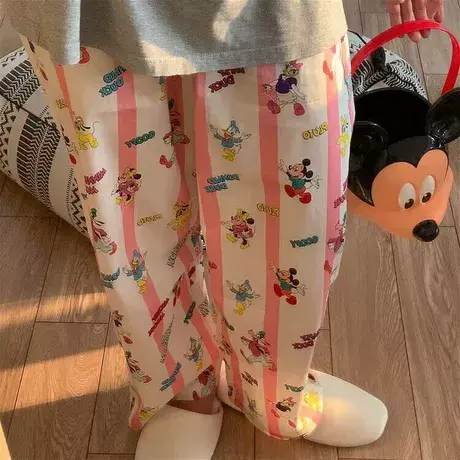 可爱卡通米妮粉色纯棉印花宽松休闲抽绳家居舒适长裤商品大图
