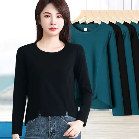 黑色下摆开叉内搭螺纹棉长袖t恤打底衫女春秋季新款修身显瘦上衣图片