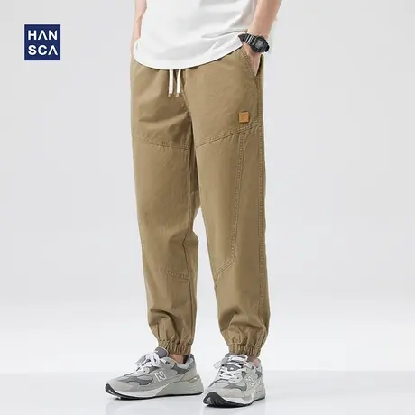 hansca工装休闲短裤男士美式复古夏季新款潮牌拼接宽松纯棉束脚裤商品大图