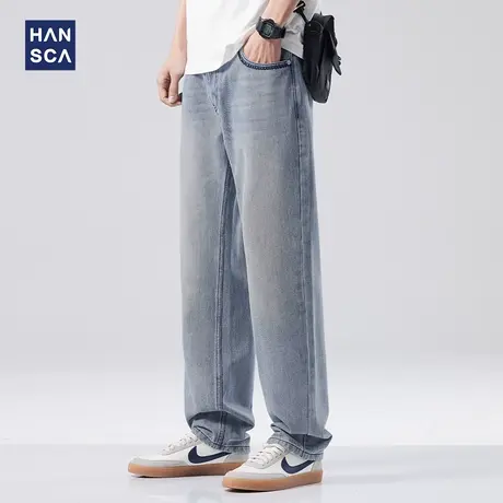 hansca水洗宽松直筒牛仔裤男春季新款做旧磨白潮流大码休闲长裤子商品大图