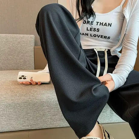 灰色针织裤女春秋季2024年新款高腰垂感直筒窄版阔腿裤显瘦休闲裤商品大图