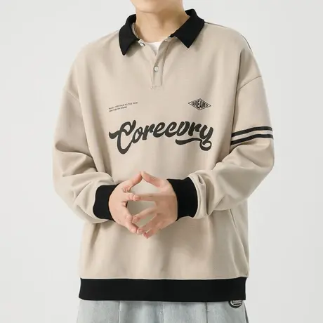 男生卡其色翻领上衣服秋季美式印花圆领卫衣春秋款长袖Polo衫男士商品大图