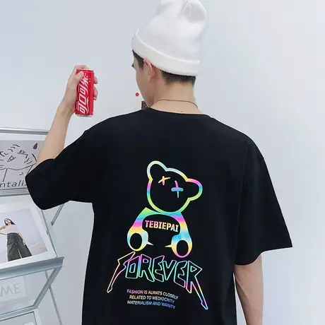 夏季反光小熊印花男士短袖T恤纯棉半袖ins潮流上衣服休闲冰丝体恤商品大图