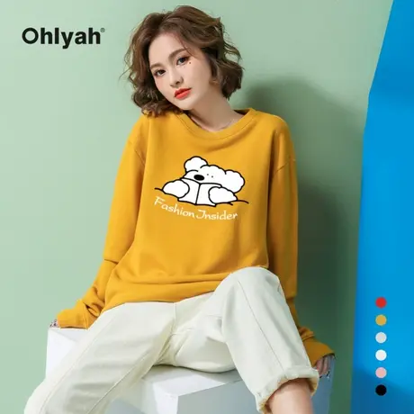 Ohlyah品牌 港风卫衣女长袖慵懒风宽松情侣上衣薄款百搭圆领学生商品大图