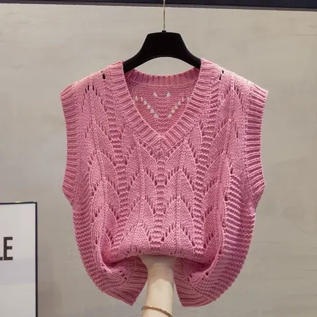 v领镂空针织马甲背心女2023秋装冬新款宽松外穿马夹叠穿毛衣坎肩商品大图