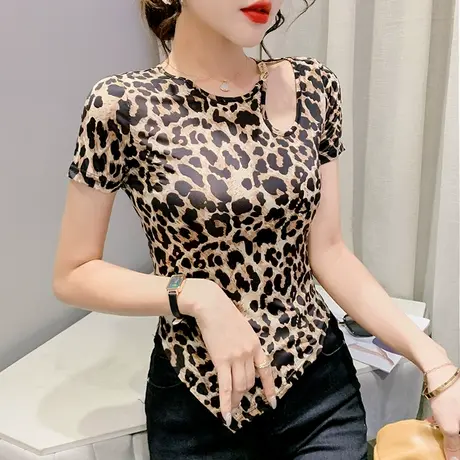 不规则开叉豹纹T恤女短袖性感镂空小衫夏季设计感网红洋气上衣ins商品大图