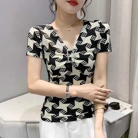 欧货性感V领T恤女短袖洋气网纱上衣时尚千鸟格印花小衫修身半袖夏商品大图